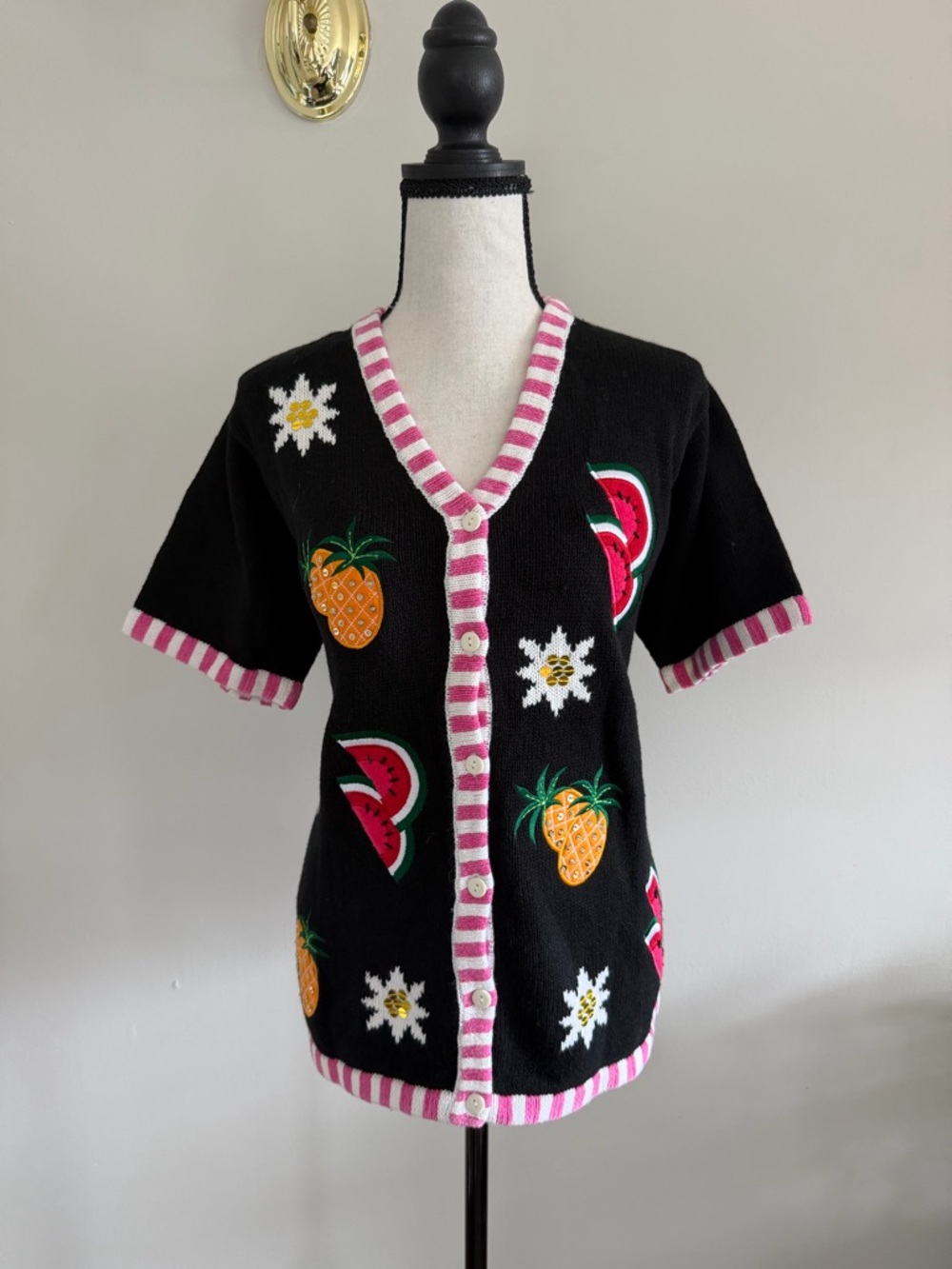 Quacker Factory Black Button-Front Top with Pink Stripe Trim and Fruit Patches